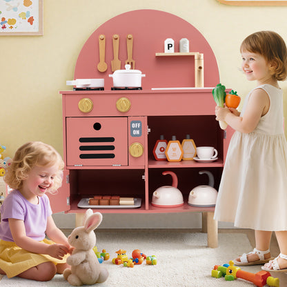 Play Kitchen for Kids Wooden Kitchen Playset with Stoves Faucet-Pink