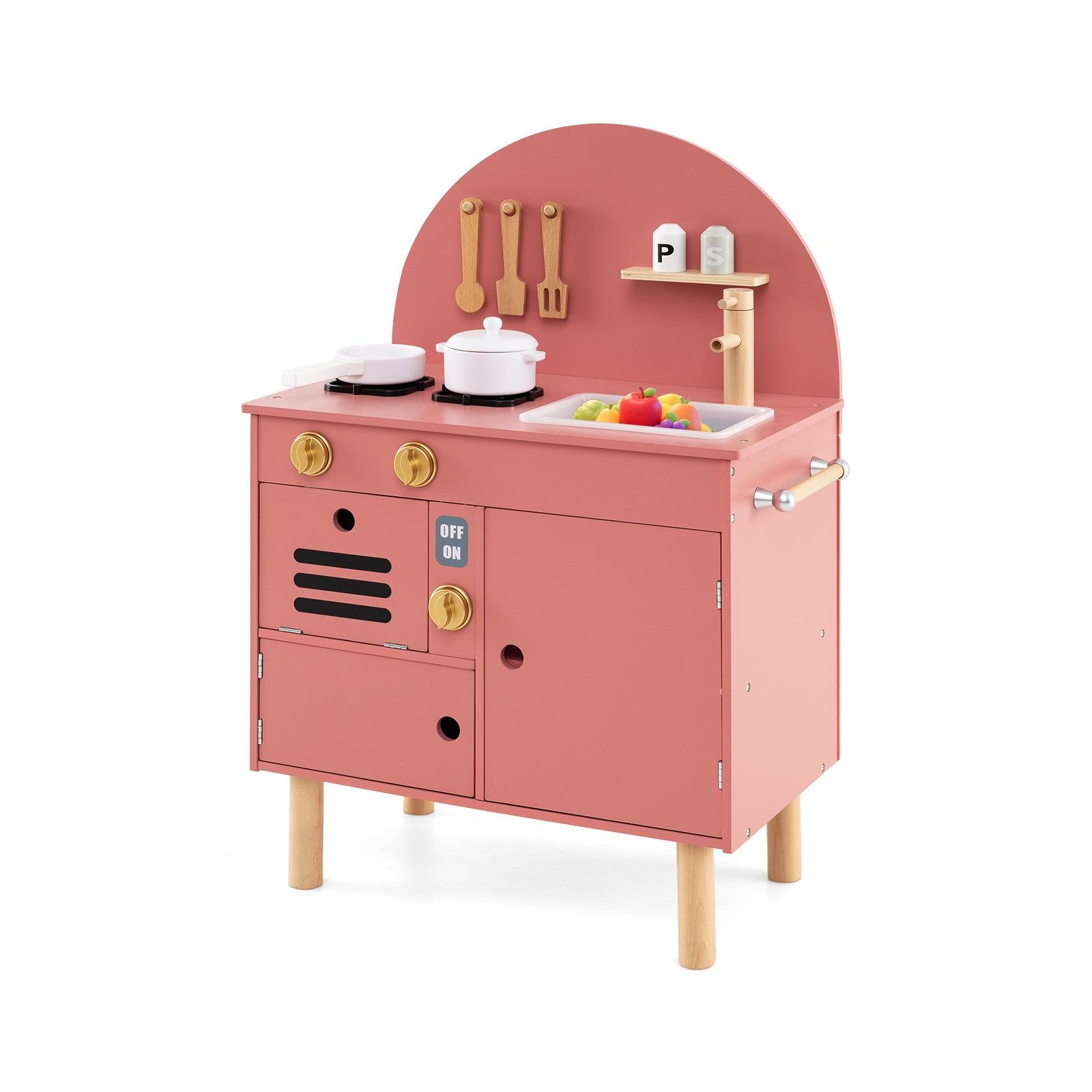 Play Kitchen for Kids Wooden Kitchen Playset with Stoves Faucet-Pink
