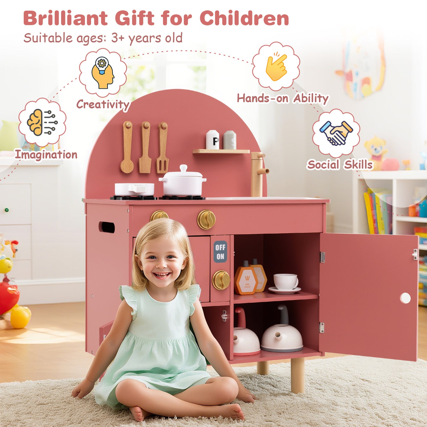Play Kitchen for Kids Wooden Kitchen Playset with Stoves Faucet-Pink