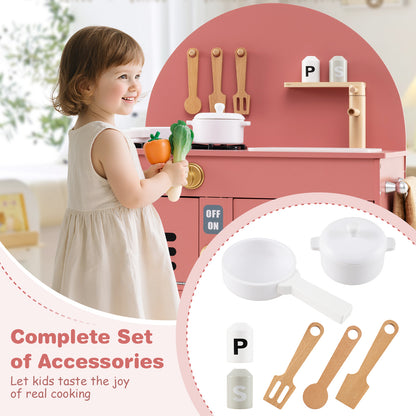 Play Kitchen for Kids Wooden Kitchen Playset with Stoves Faucet-Pink