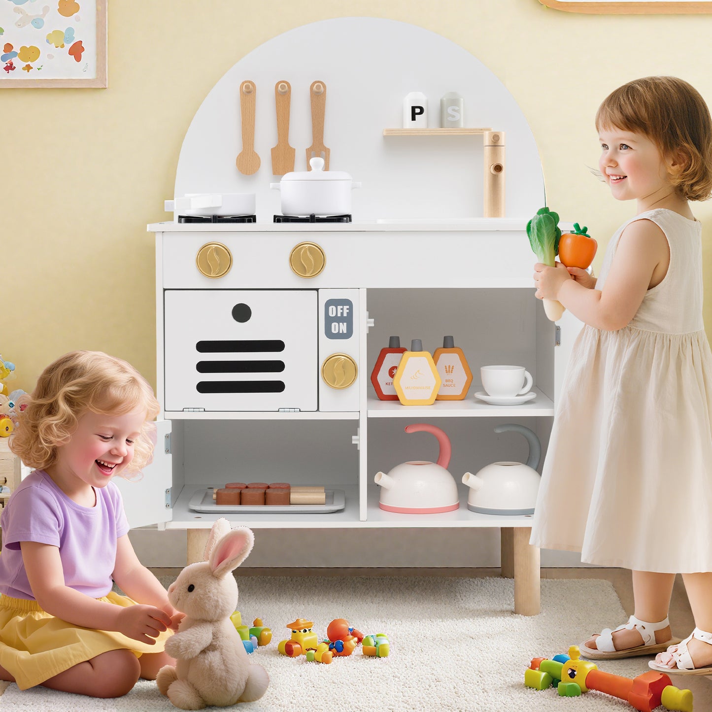 Play Kitchen for Kids Wooden Kitchen Playset with Stoves Faucet-White