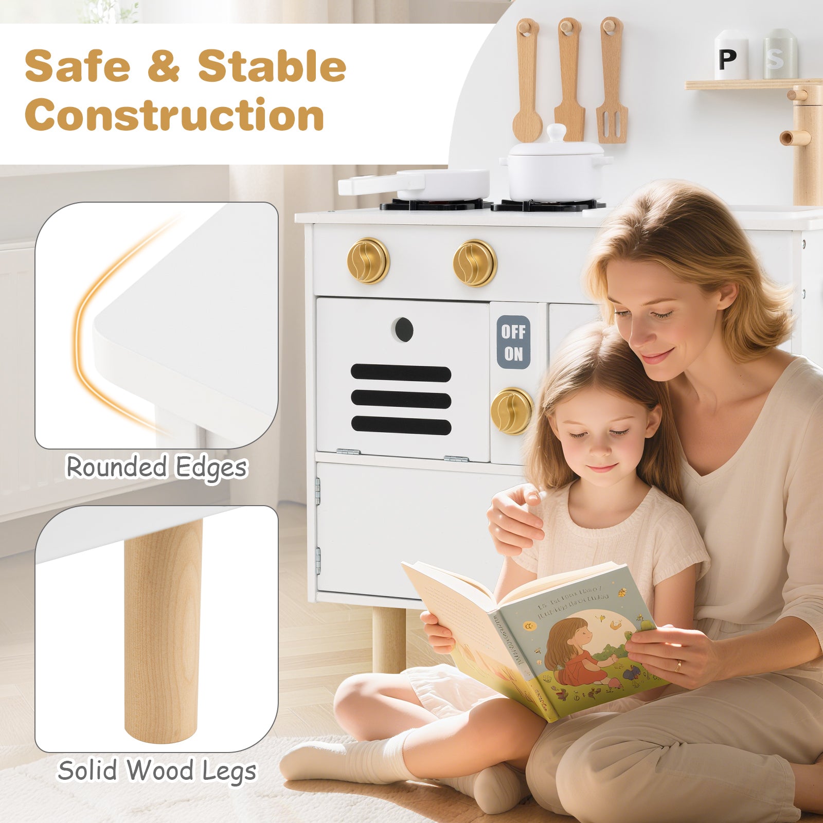 Play Kitchen for Kids Wooden Kitchen Playset with Stoves Faucet-White