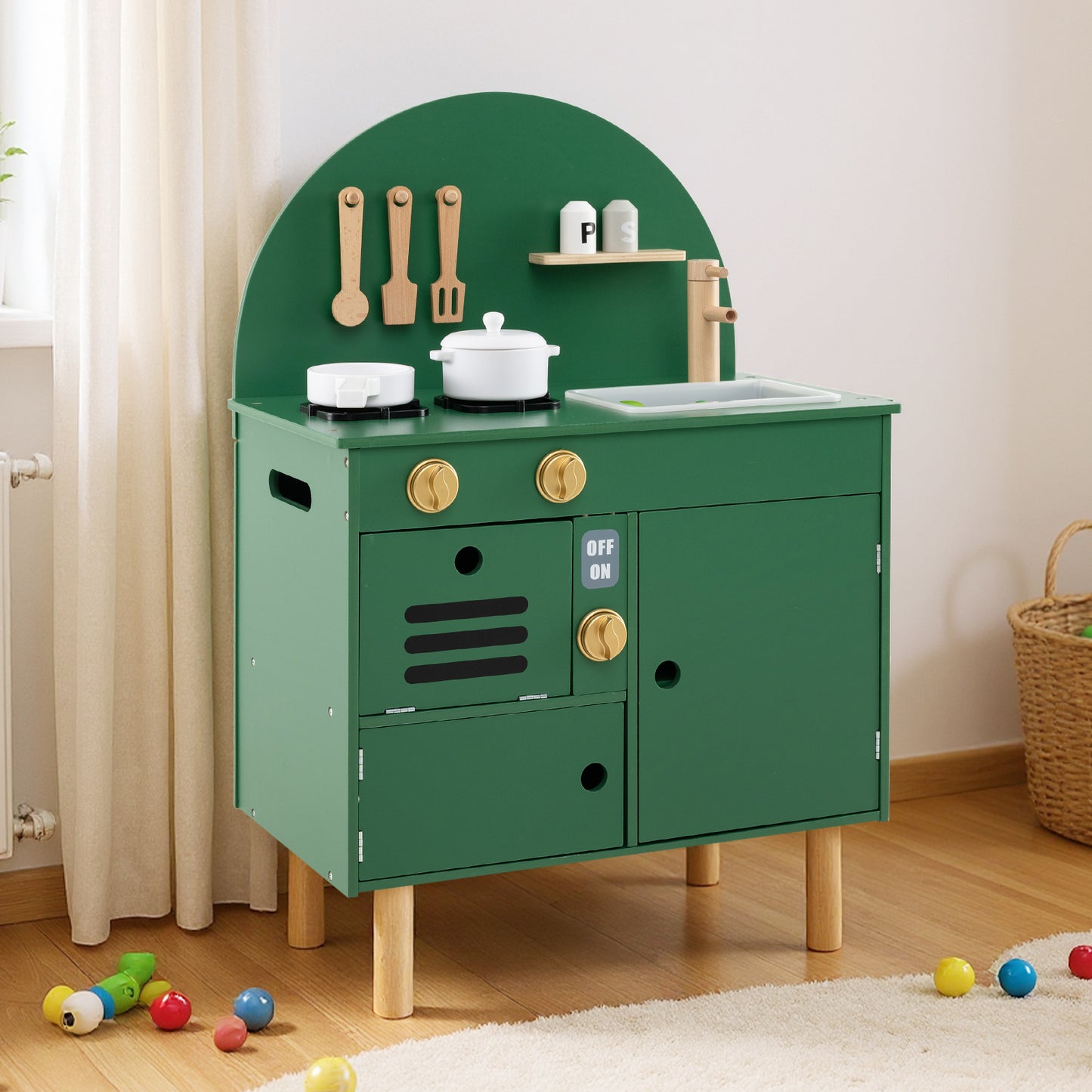Play Kitchen for Kids Wooden Kitchen Playset with Stoves Faucet-Green