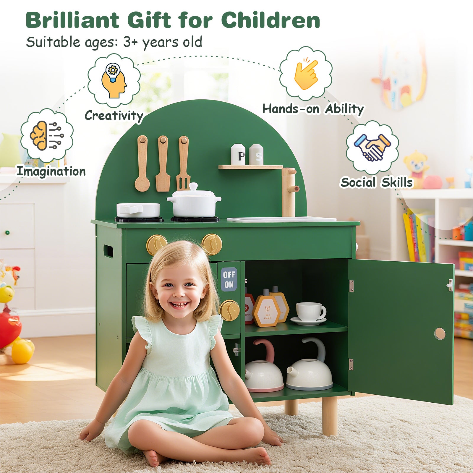 Play Kitchen for Kids Wooden Kitchen Playset with Stoves Faucet-Green