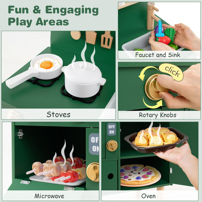 Play Kitchen for Kids Wooden Kitchen Playset with Stoves Faucet-Green