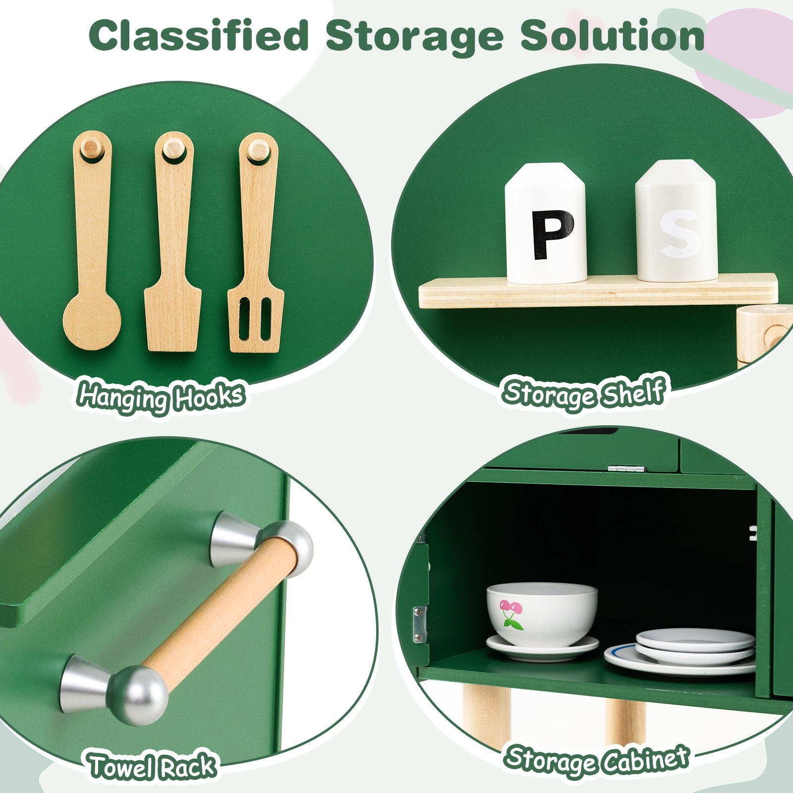Play Kitchen for Kids Wooden Kitchen Playset with Stoves Faucet-Green