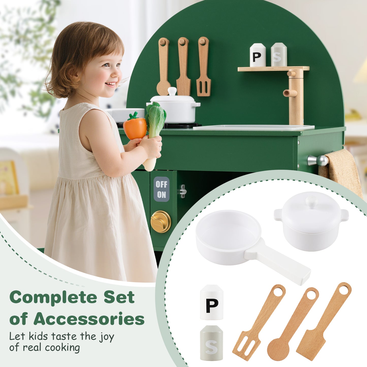 Play Kitchen for Kids Wooden Kitchen Playset with Stoves Faucet-Green