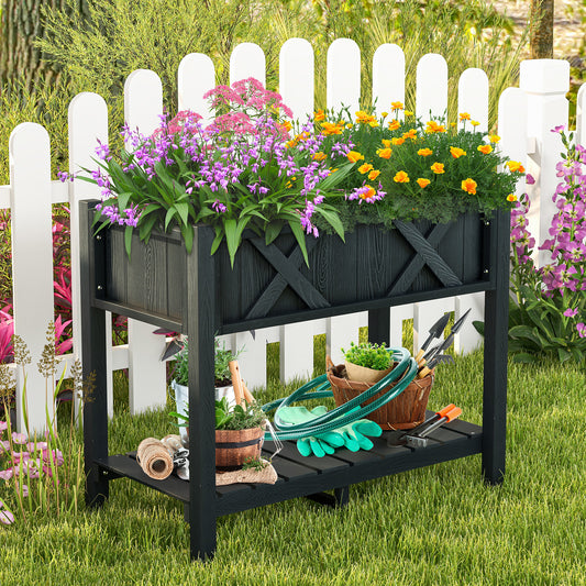 Poly Wood Raised Garden Bed with Storage Shelf and Drainage Holes-Black