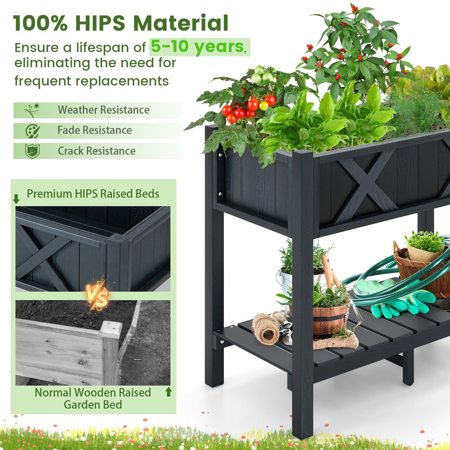 Poly Wood Raised Garden Bed with Storage Shelf and Drainage Holes-Black