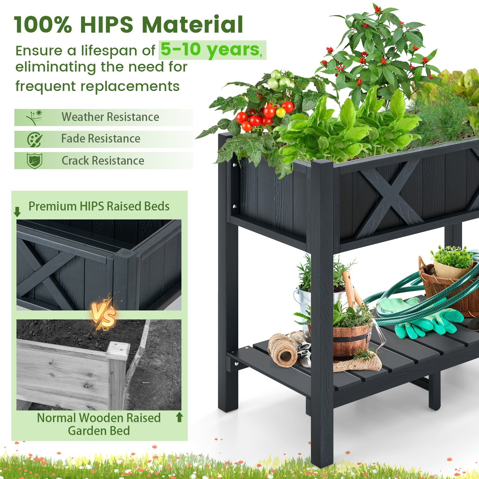 Poly Wood Raised Garden Bed with Storage Shelf and Drainage Holes-Black