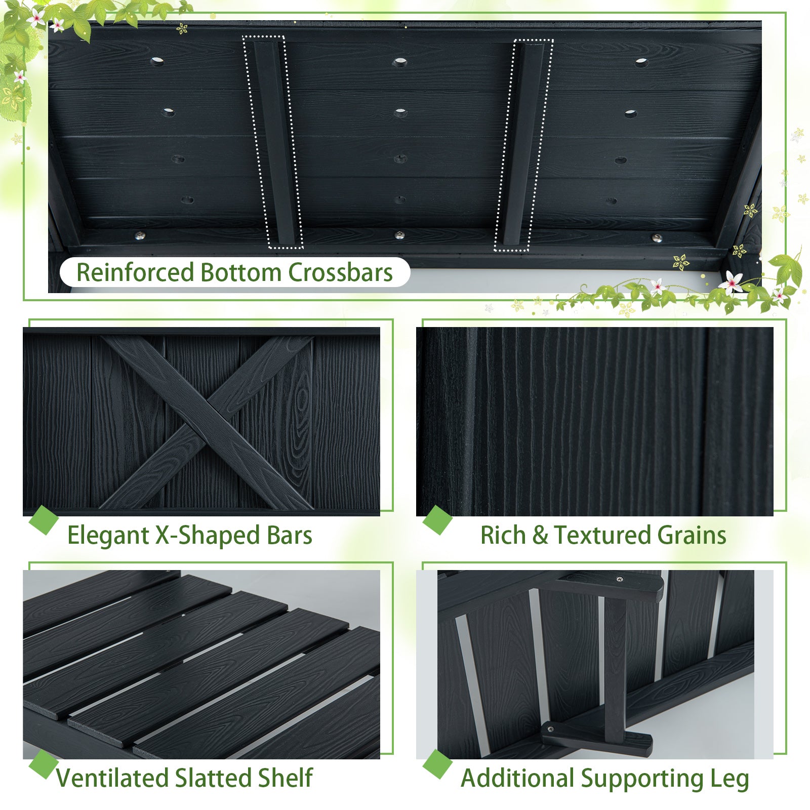 Poly Wood Raised Garden Bed with Storage Shelf and Drainage Holes-Black