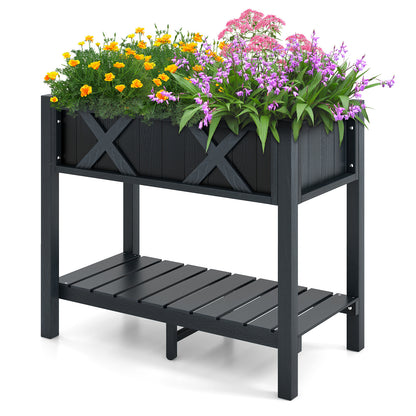 Poly Wood Raised Garden Bed with Storage Shelf and Drainage Holes-Black