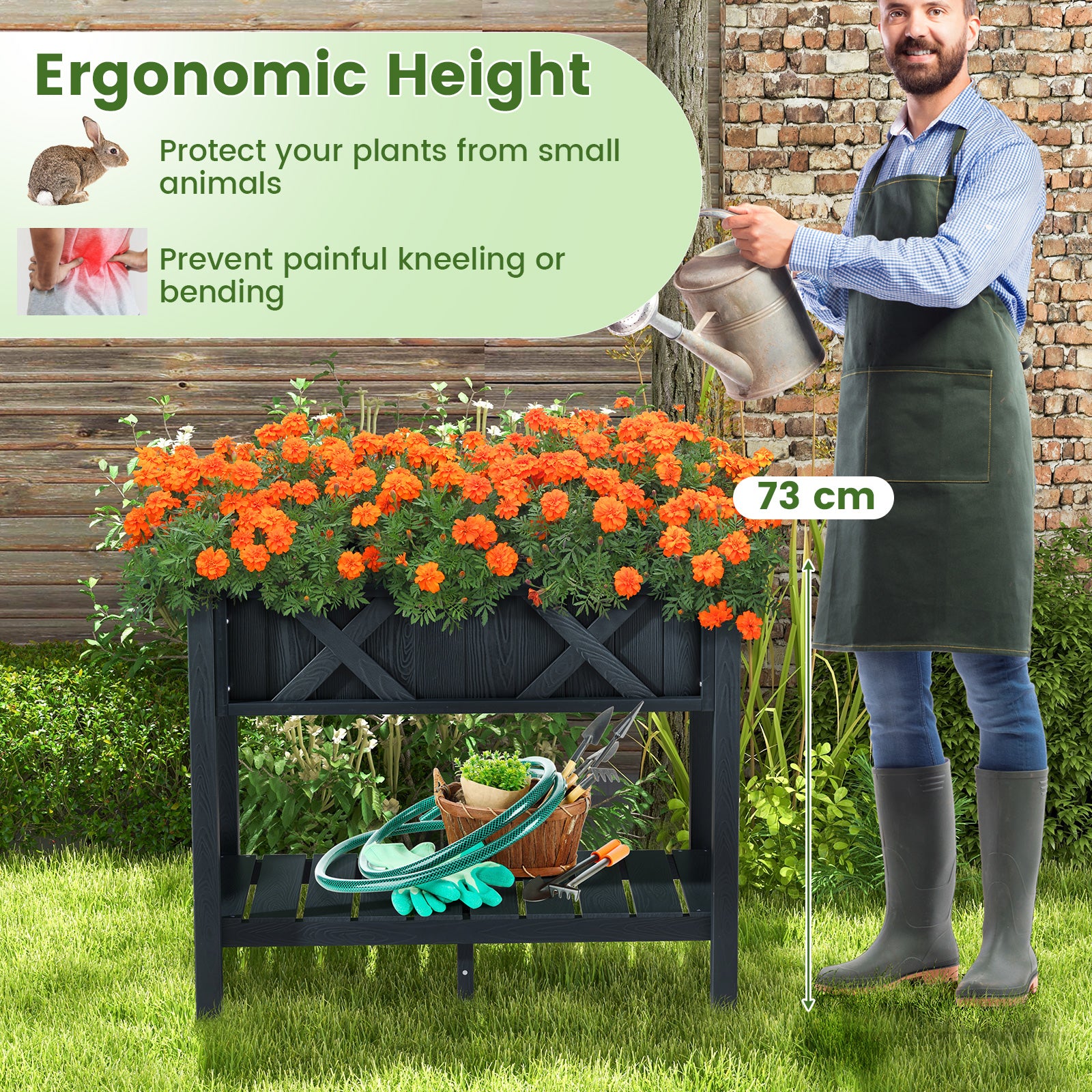 Poly Wood Raised Garden Bed with Storage Shelf and Drainage Holes-Black