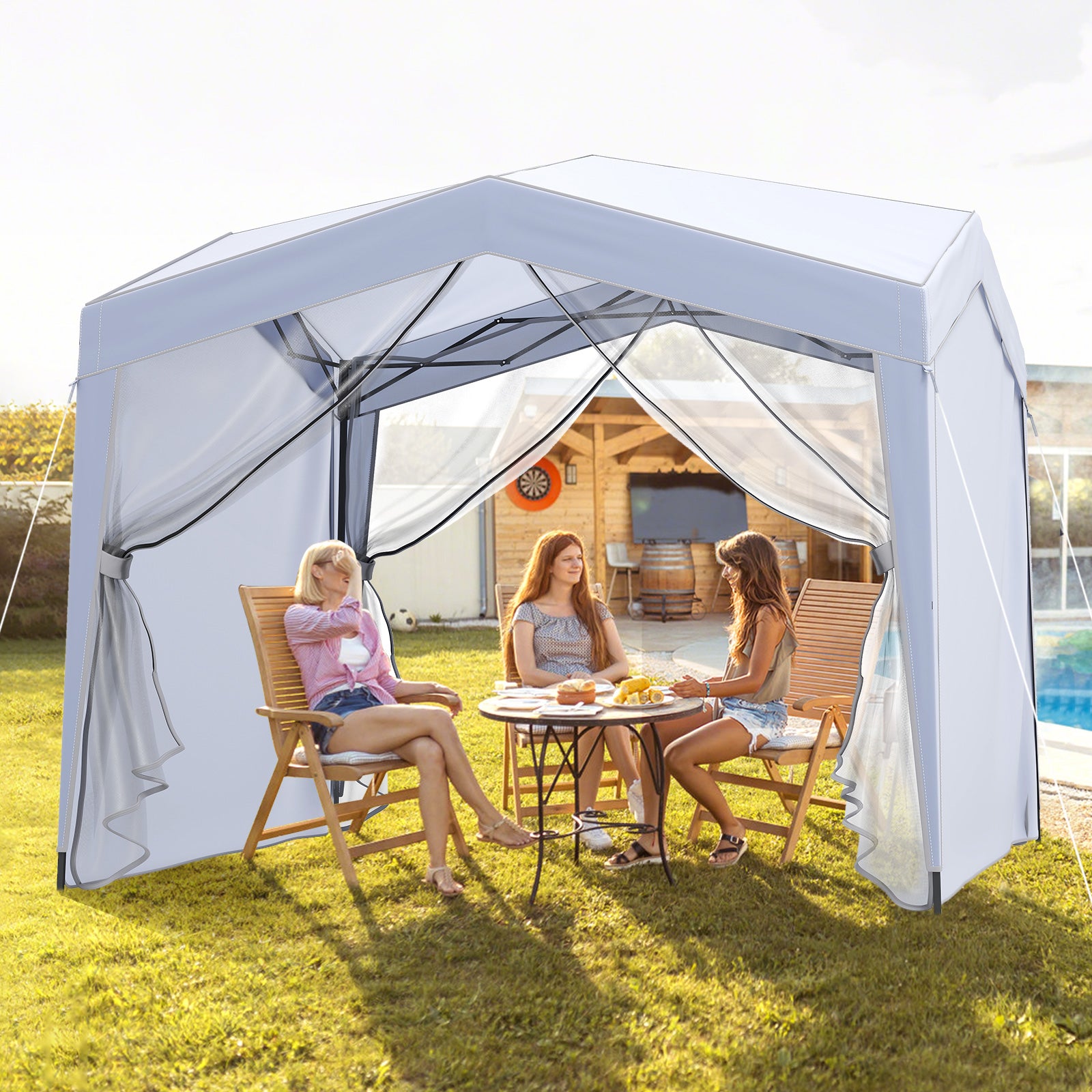 3 x 3 m Pop up Canopy Tent with 4 Sidewalls and Mesh Netting-White