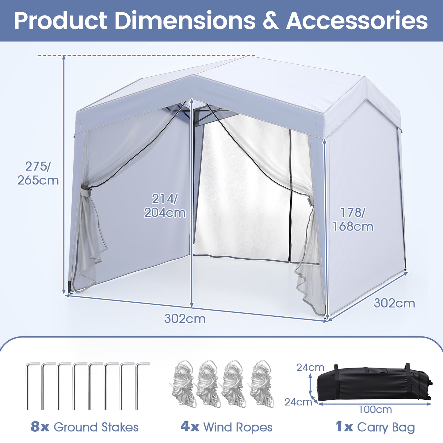 3 x 3 m Pop up Canopy Tent with 4 Sidewalls and Mesh Netting-White