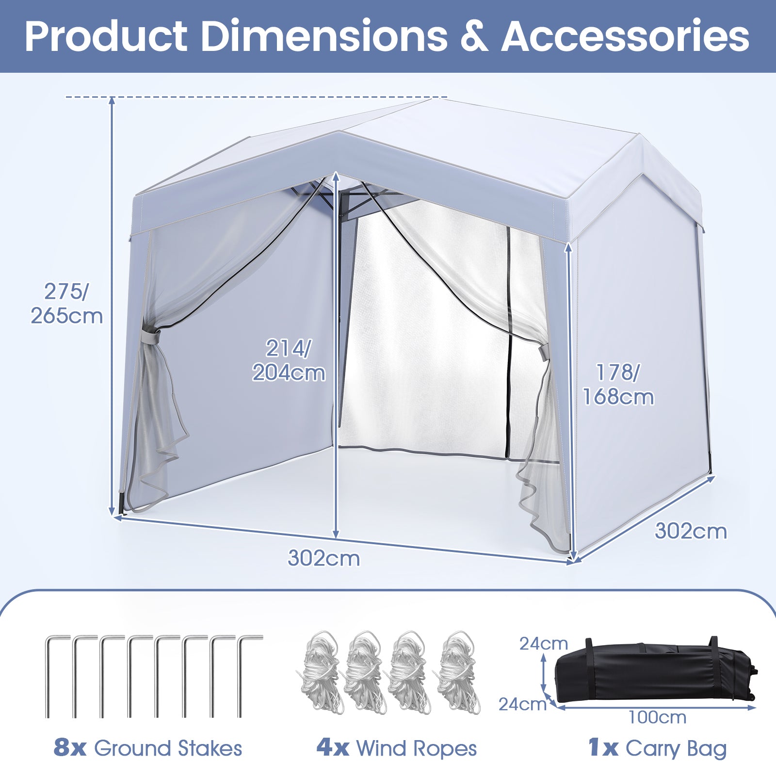 3 x 3 m Pop up Canopy Tent with 4 Sidewalls and Mesh Netting-White