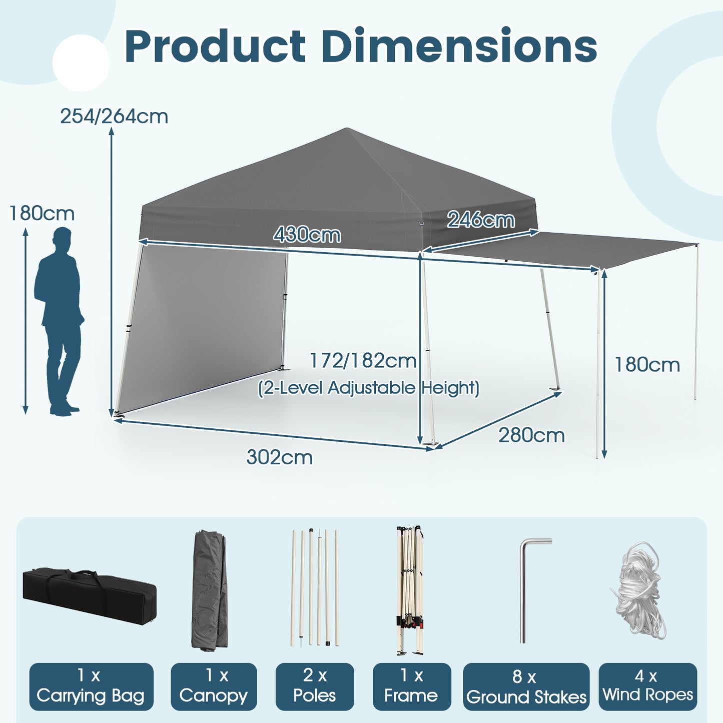 Pop up Canopy Tent with 2 Convertible Sidewalls and UPF50+ UV protection-Grey