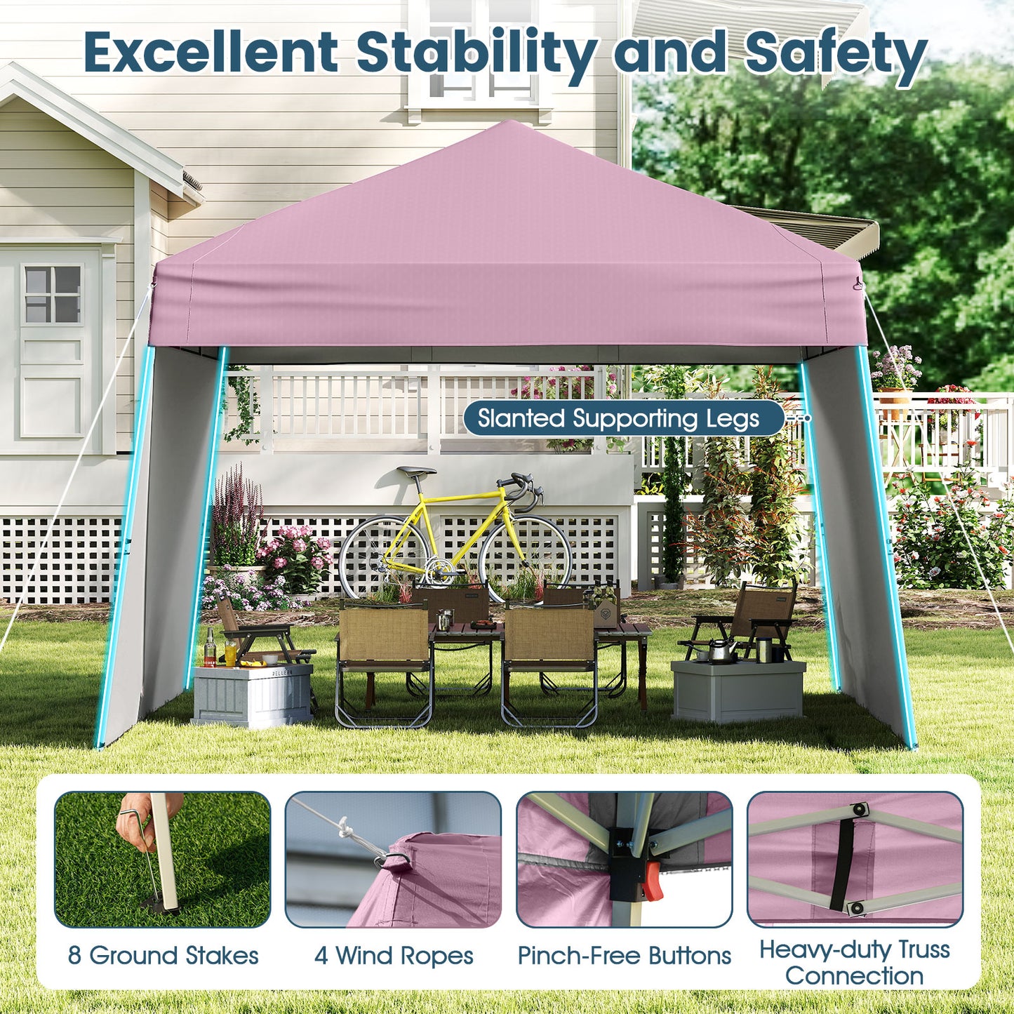 Pop up Canopy Tent with 2 Convertible Sidewalls and UPF50+ UV protection-Pink