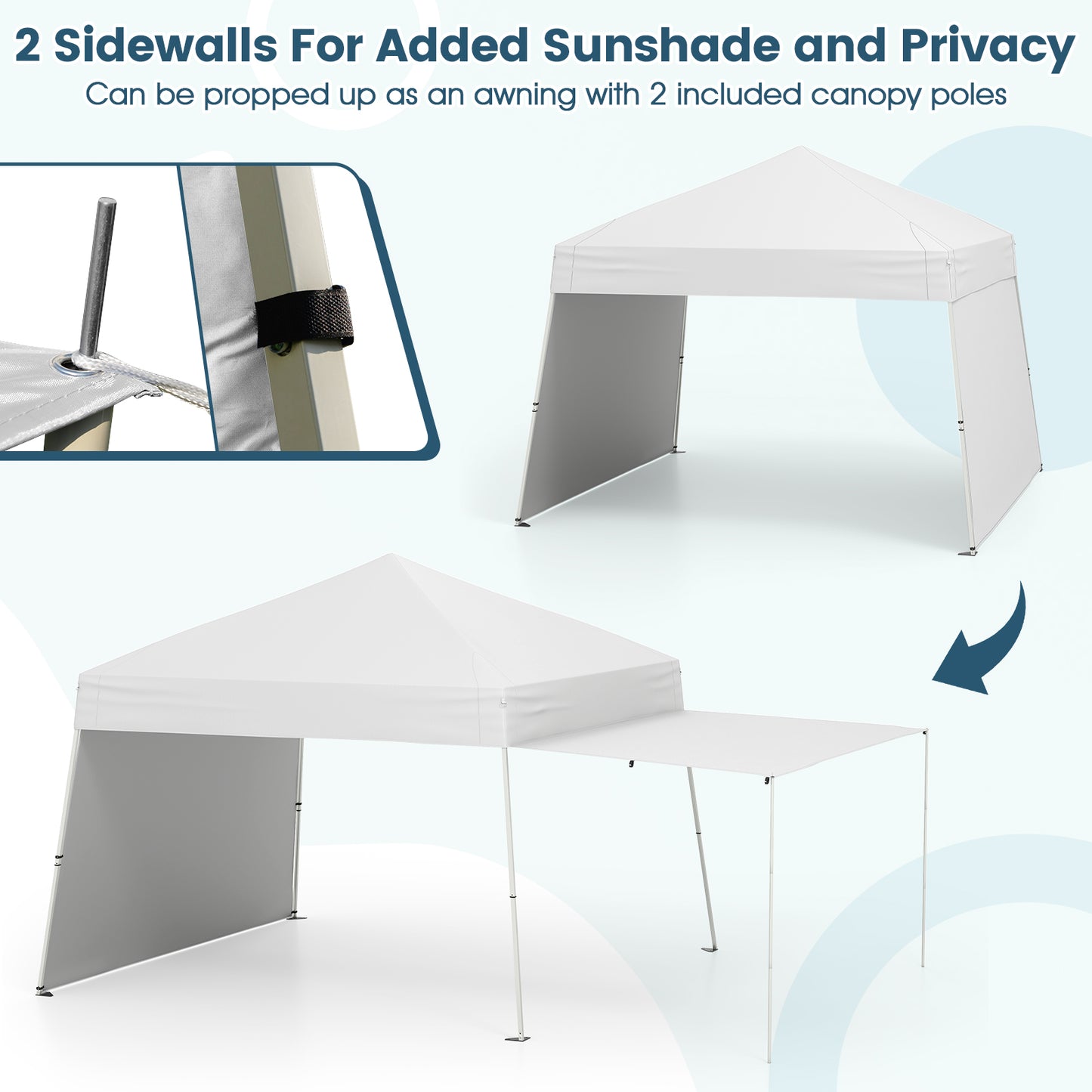 Pop up Canopy Tent with 2 Convertible Sidewalls and UPF50+ UV protection-White