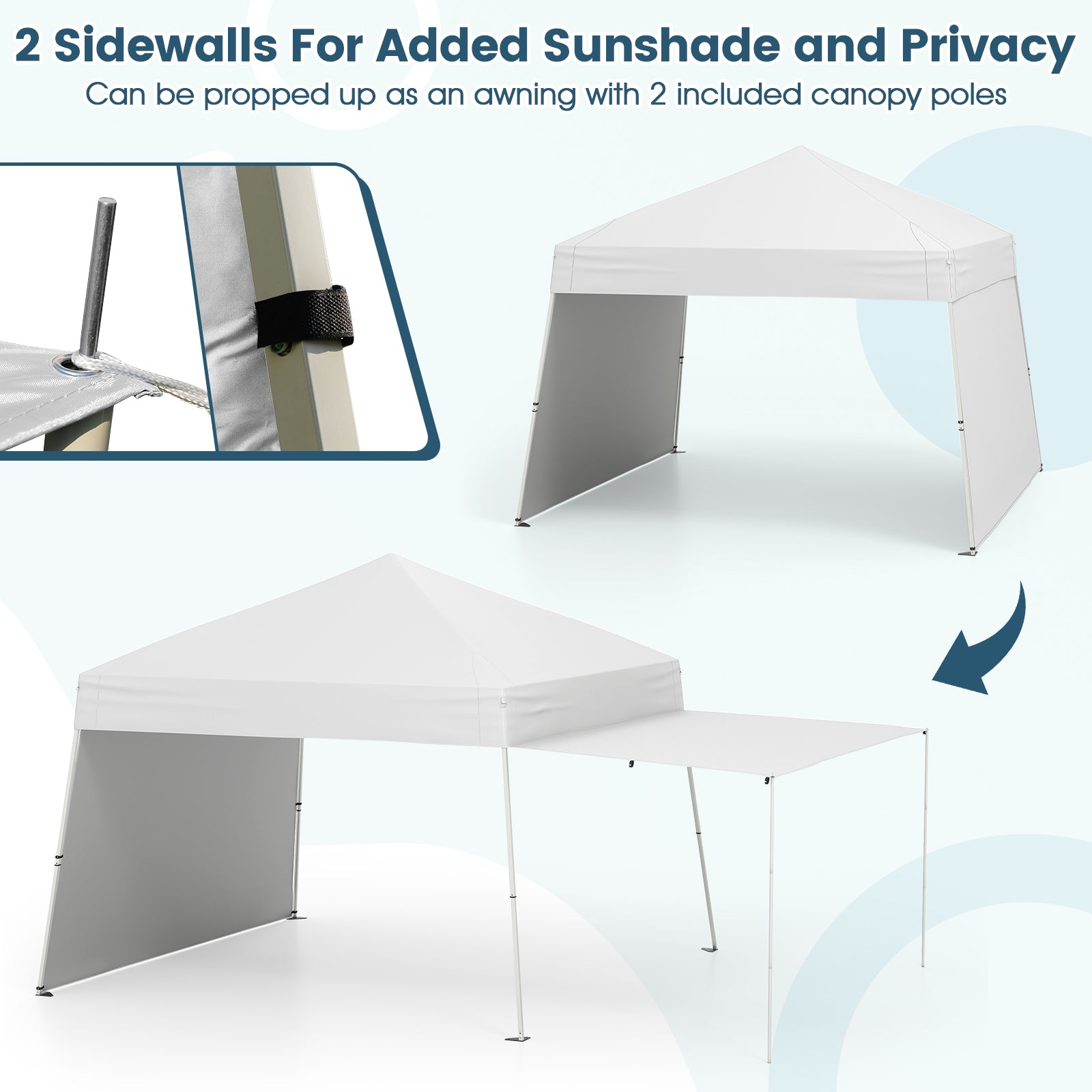 Pop up Canopy Tent with 2 Convertible Sidewalls and UPF50+ UV protection-White