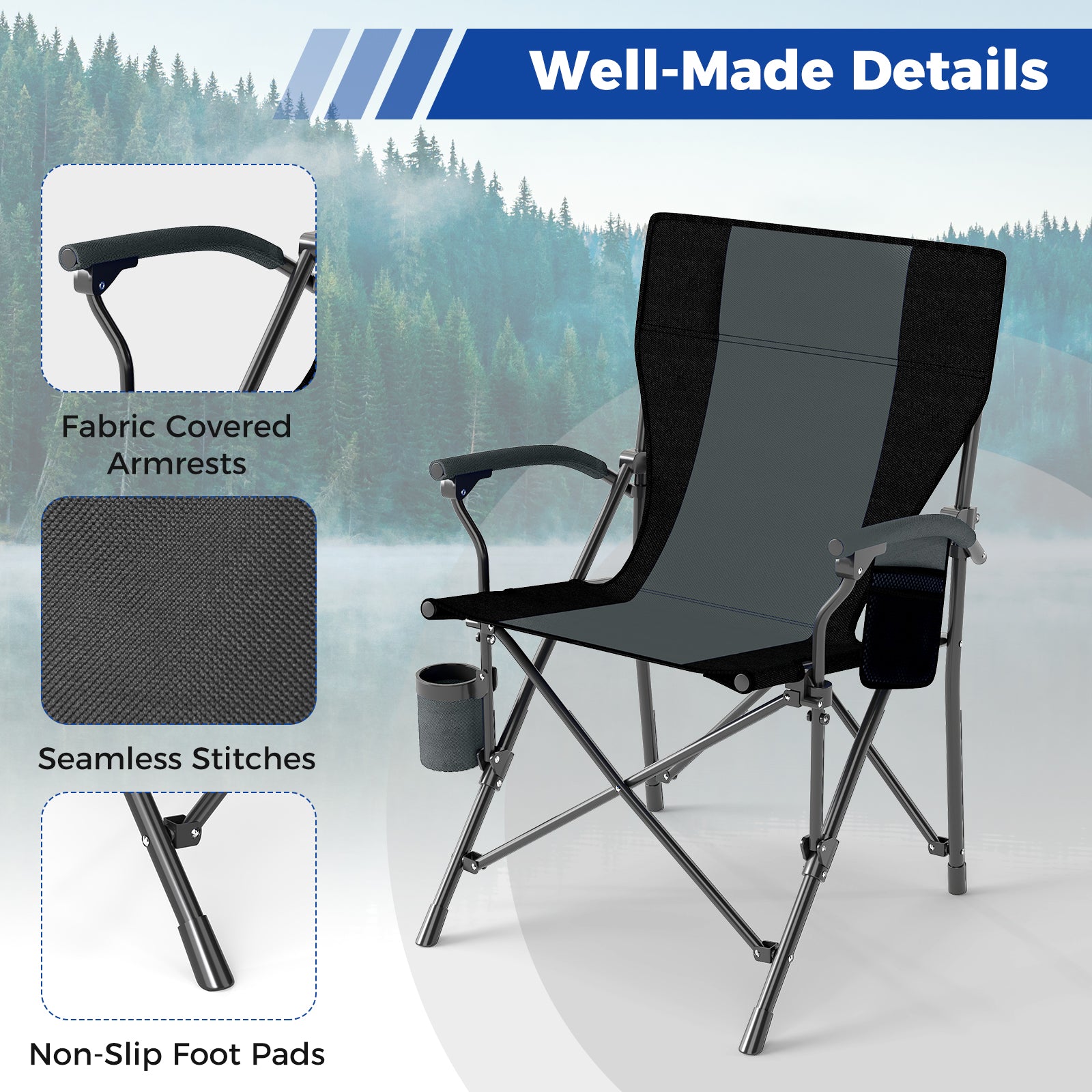 Portable Camping Chair with Cup Holder and Side Pocket-Black