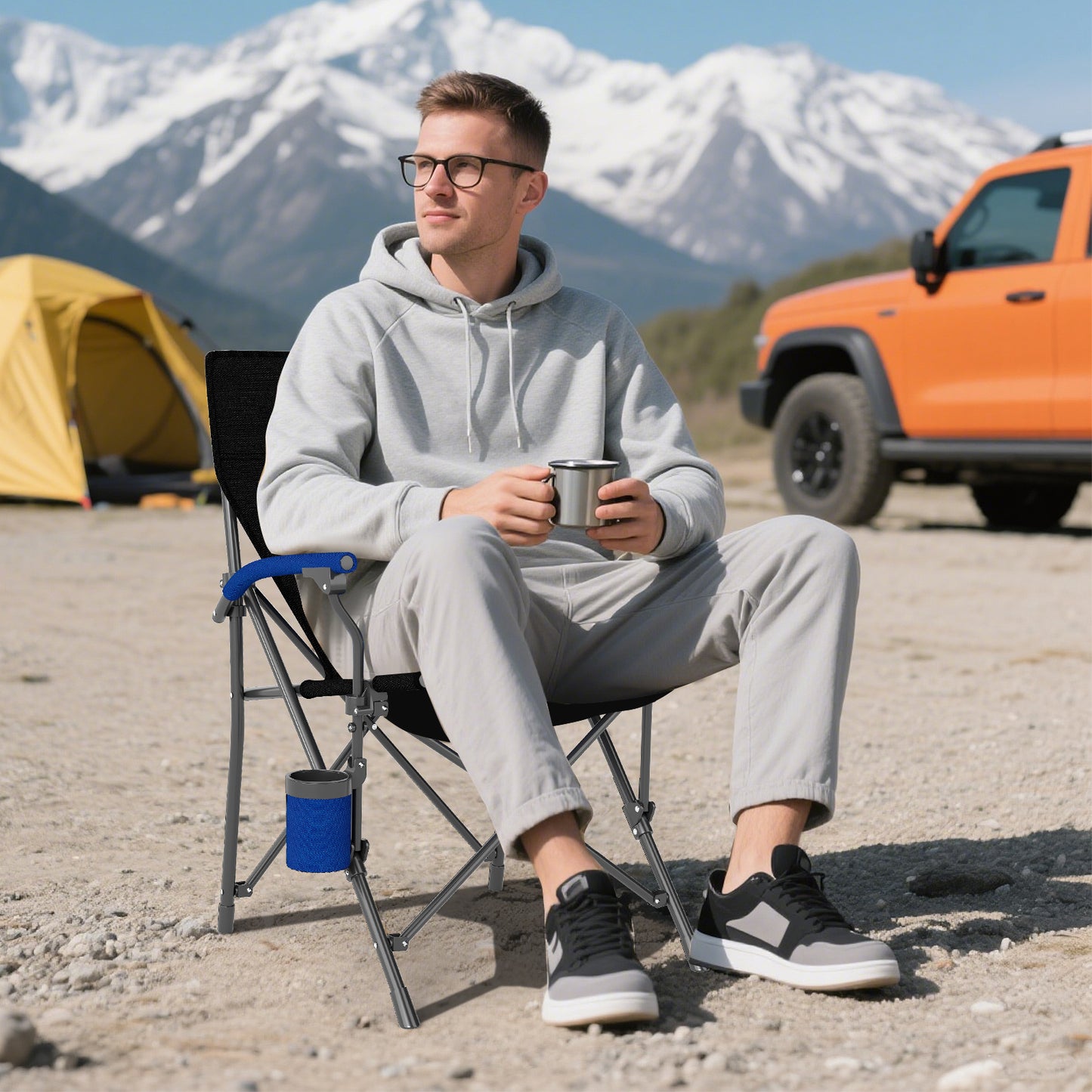 Portable Camping Chair with Cup Holder and Side Pocket-Navy