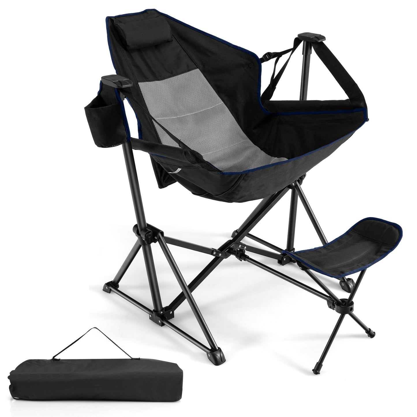 Portable Folding Camping Lounge Chair with Footrest  for Beach Lawn Fishing-Black