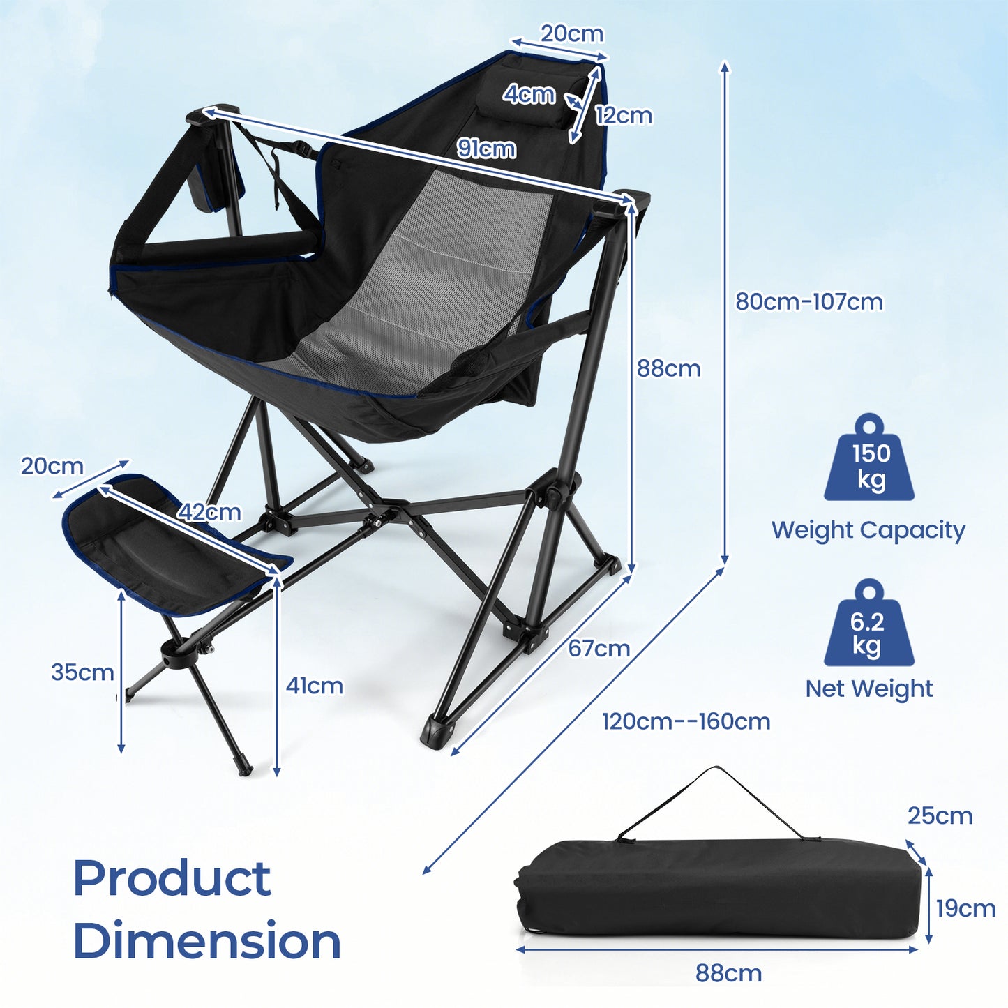 Portable Folding Camping Lounge Chair with Footrest  for Beach Lawn Fishing-Black
