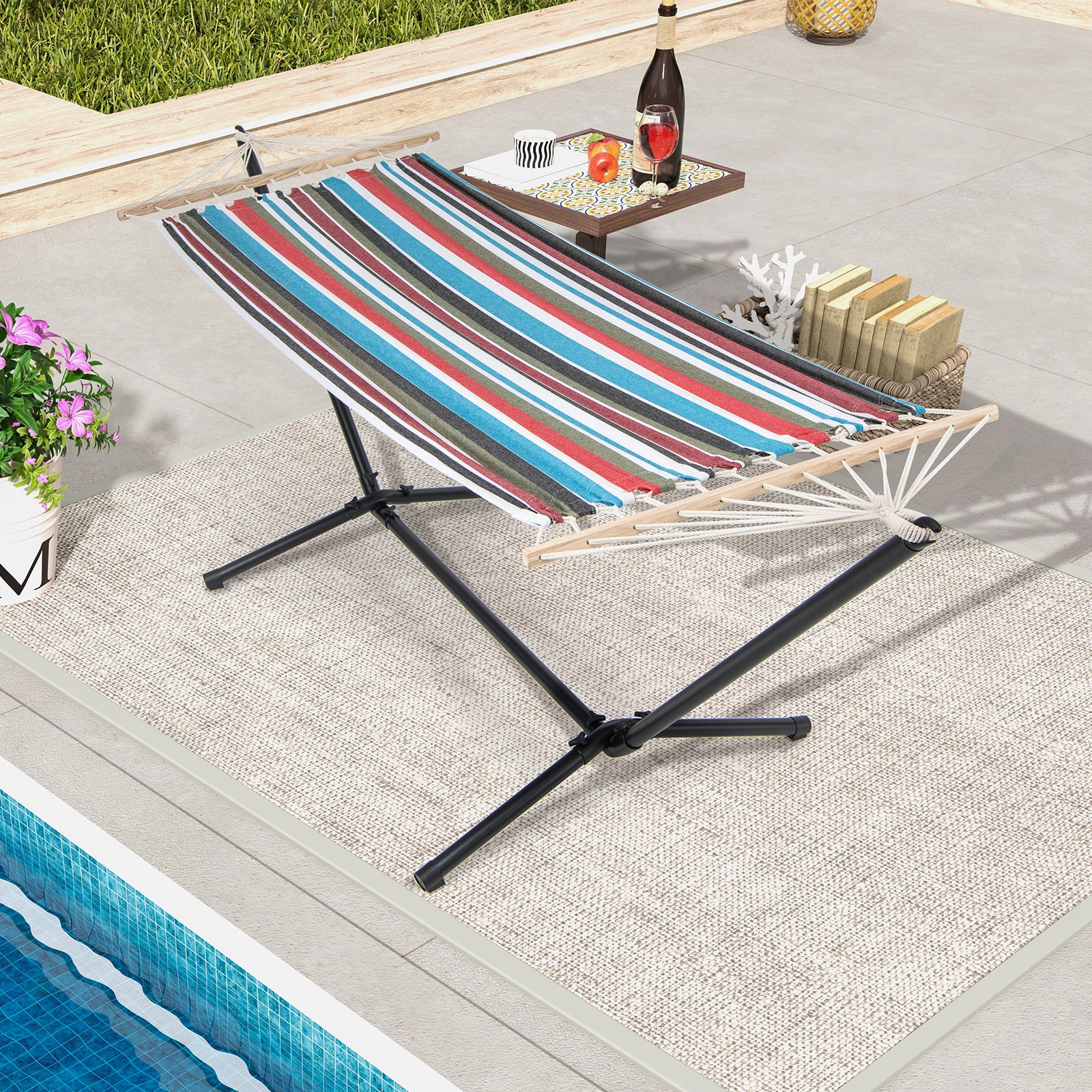 Portable Hammock with Stand and Space-saving Metal Frame-Colourful