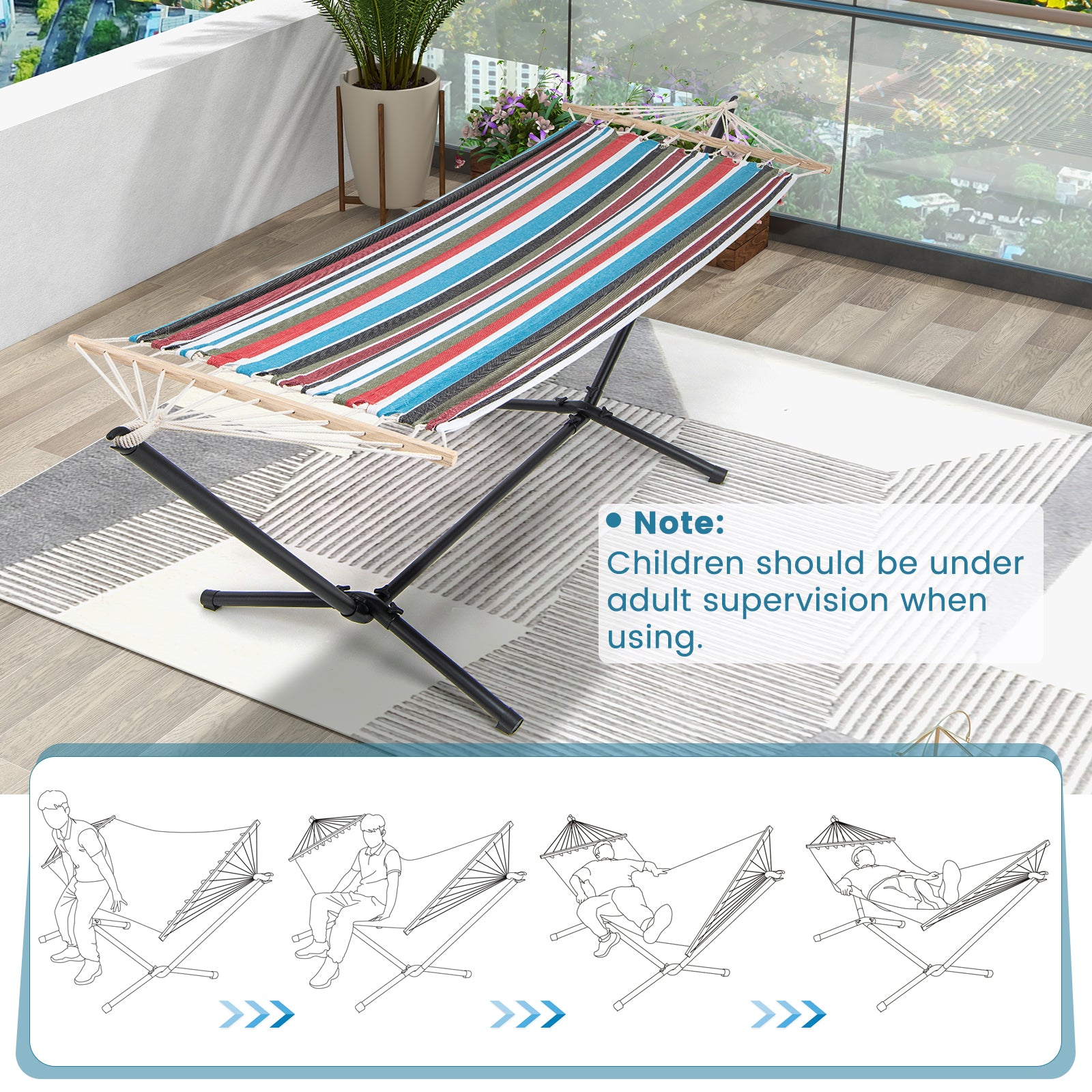 Portable Hammock with Stand and Space-saving Metal Frame-Colourful