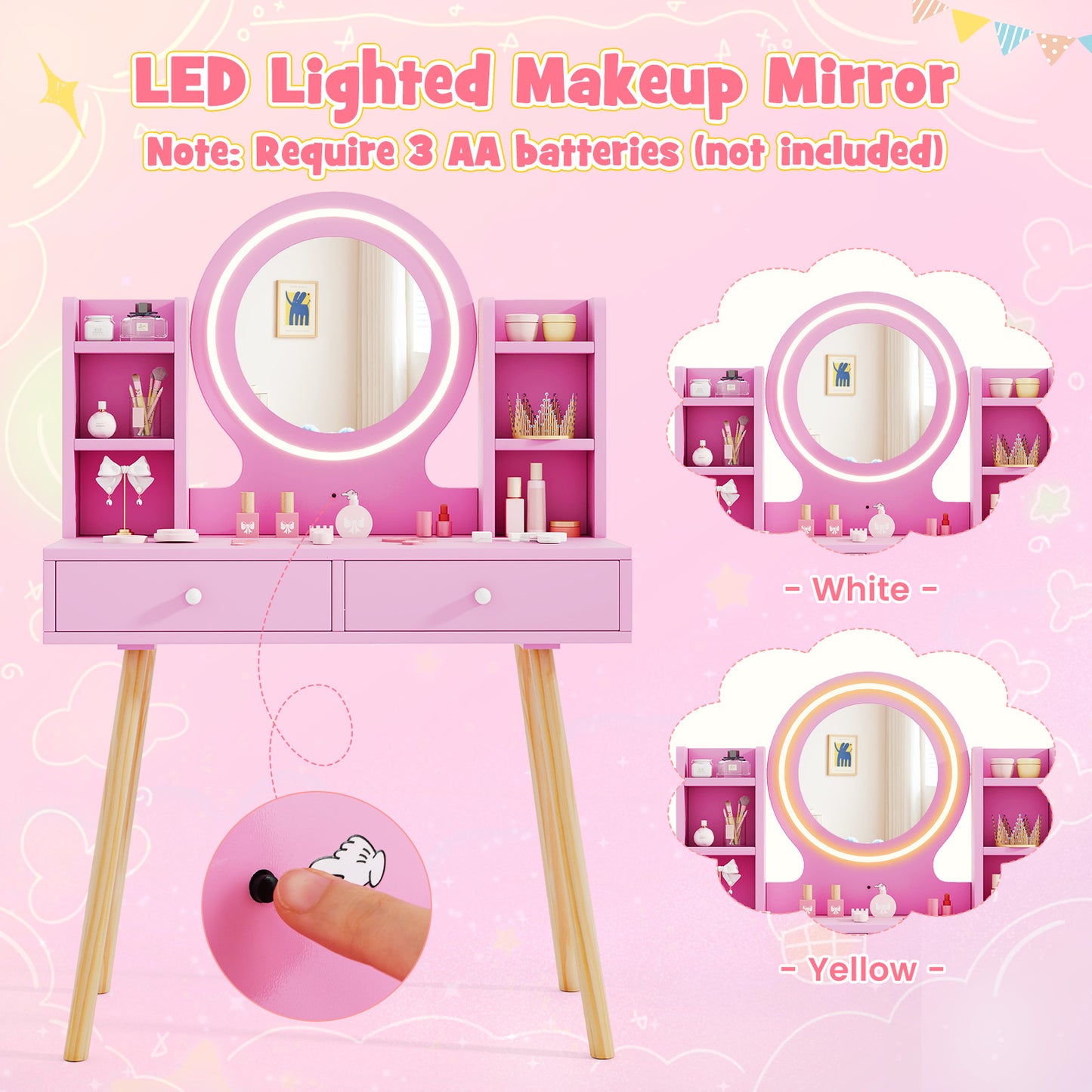 Princess Dressing Table and Chair Set with 2-Color Front Lit Mirror-Pink