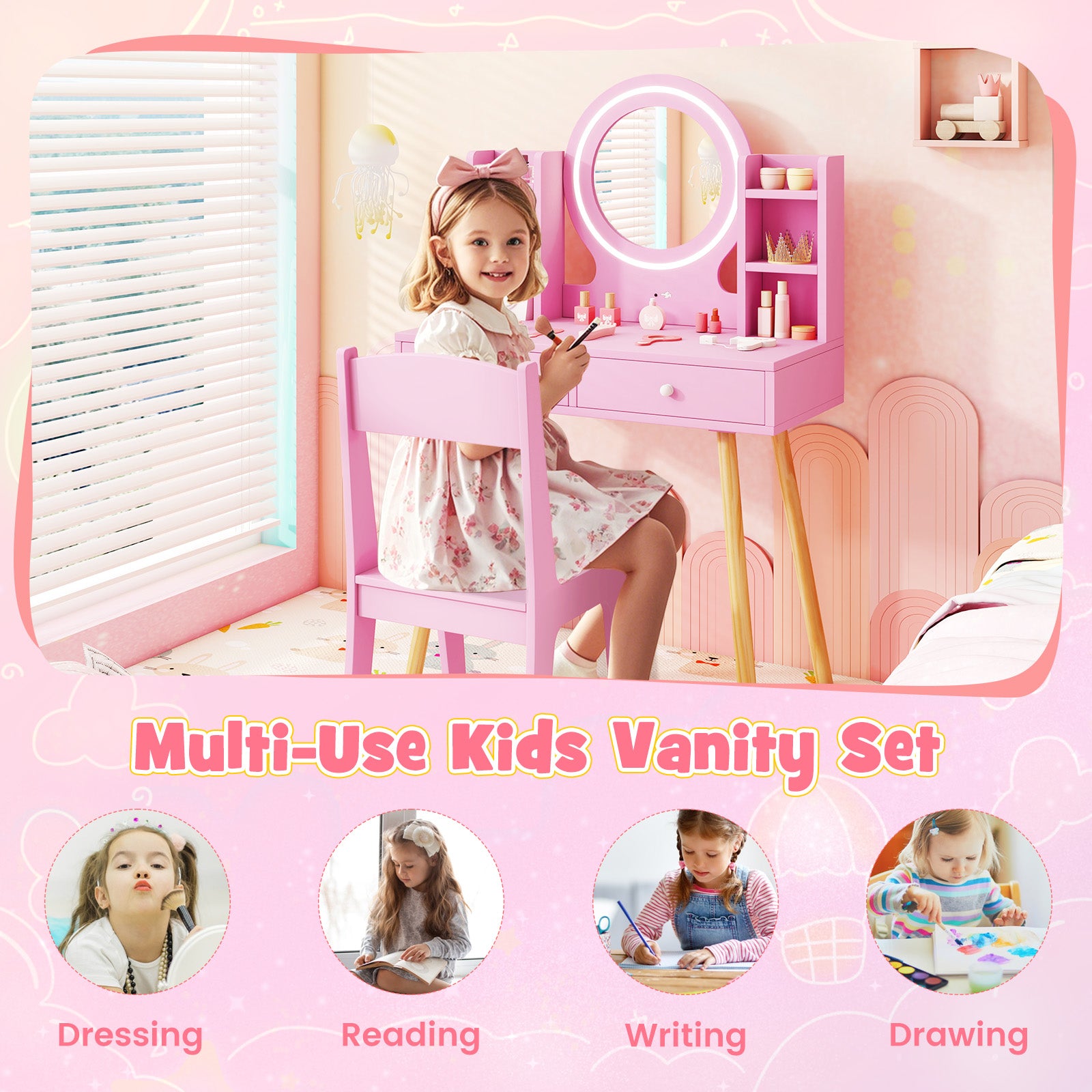Princess Dressing Table and Chair Set with 2-Color Front Lit Mirror-Pink
