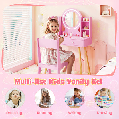 Princess Dressing Table and Chair Set with 2-Color Front Lit Mirror-Pink
