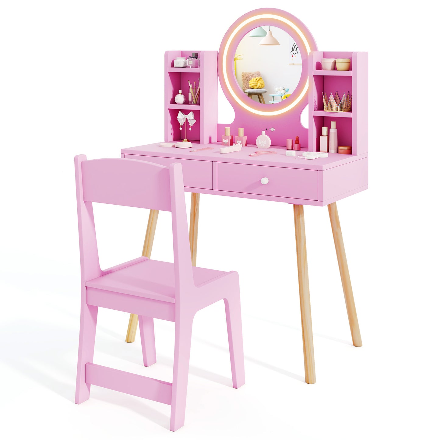 Princess Dressing Table and Chair Set with 2-Color Front Lit Mirror-Pink