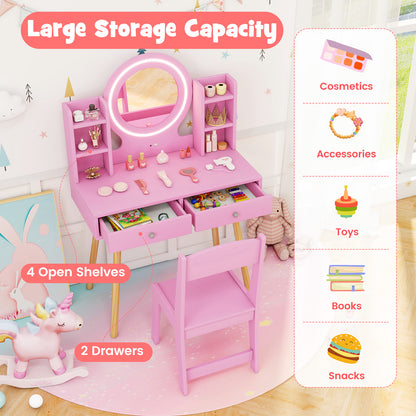 Princess Dressing Table and Chair Set with 2-Color Front Lit Mirror-Pink