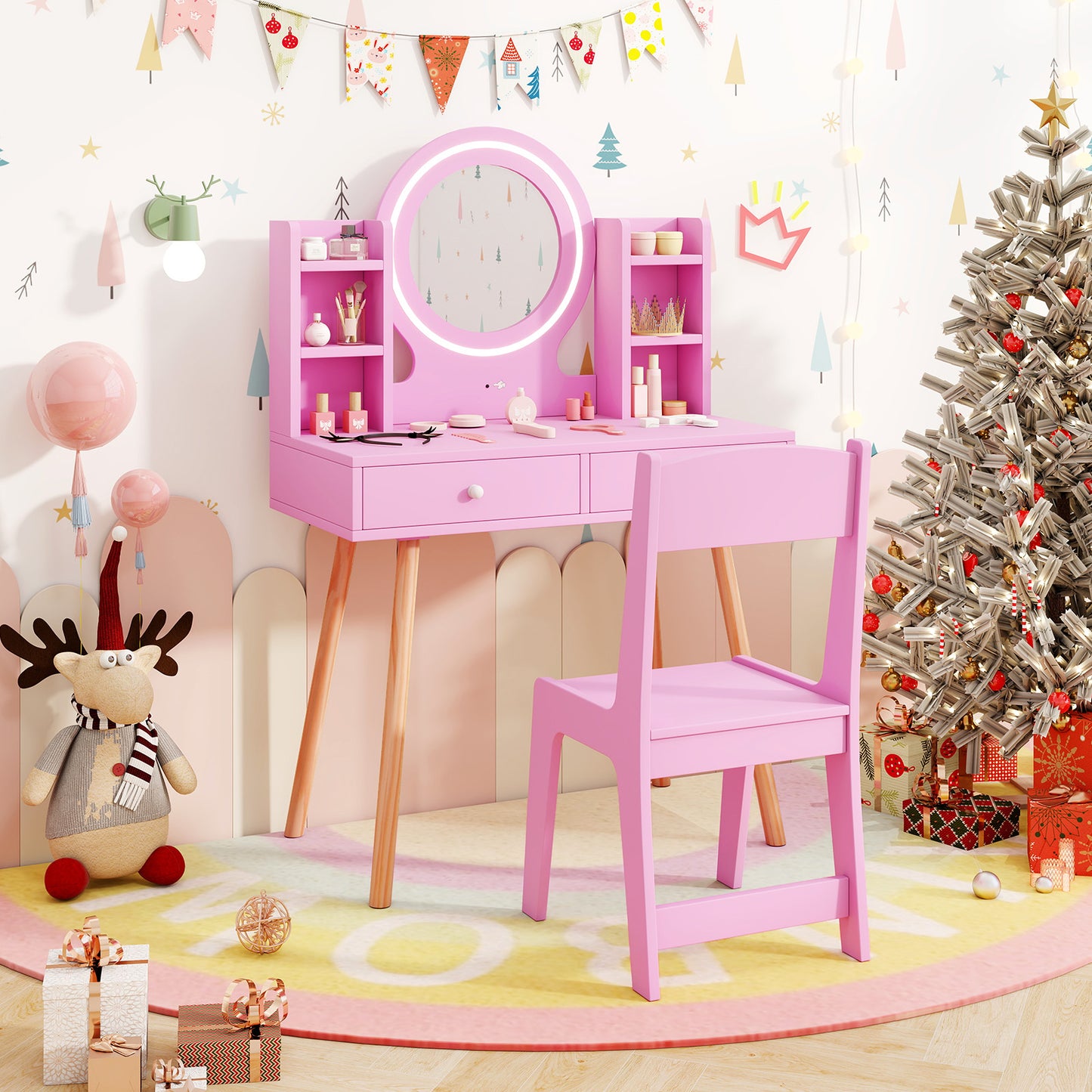 Princess Dressing Table and Chair Set with 2-Color Front Lit Mirror-Pink