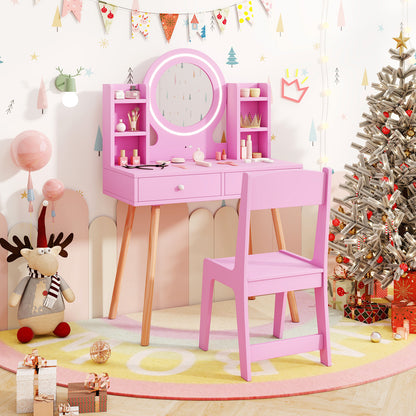 Princess Dressing Table and Chair Set with 2-Color Front Lit Mirror-Pink
