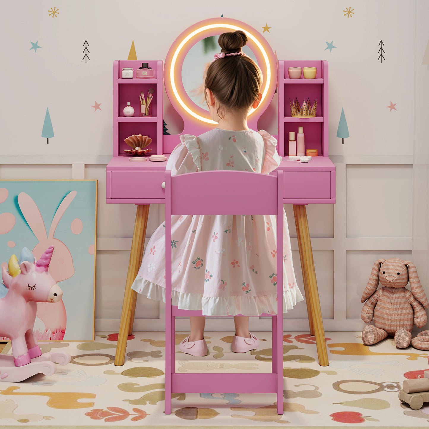 Princess Dressing Table and Chair Set with 2-Color Front Lit Mirror-Pink