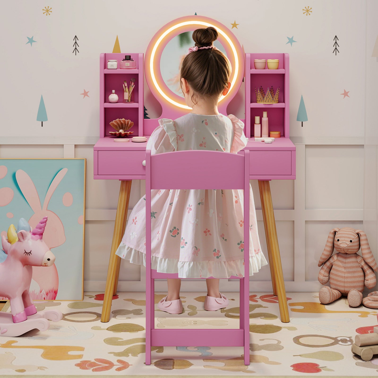 Princess Dressing Table and Chair Set with 2-Color Front Lit Mirror-Pink