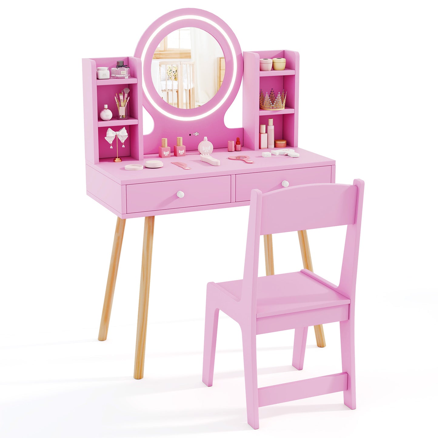 Princess Dressing Table and Chair Set with 2-Color Front Lit Mirror-Pink