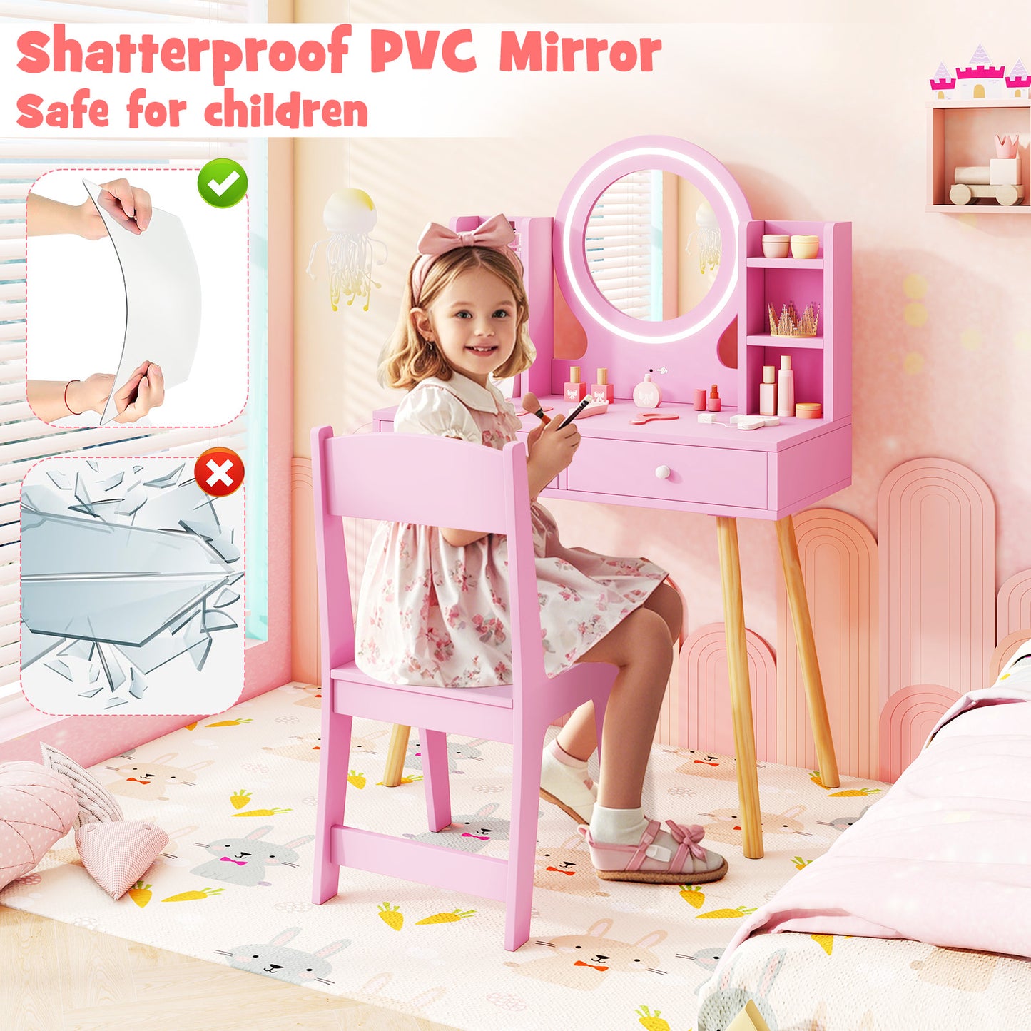 Princess Dressing Table and Chair Set with 2-Color Front Lit Mirror-Pink