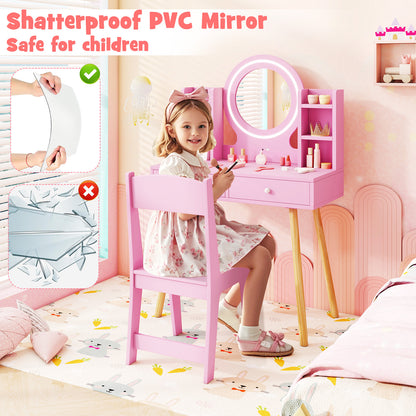 Princess Dressing Table and Chair Set with 2-Color Front Lit Mirror-Pink