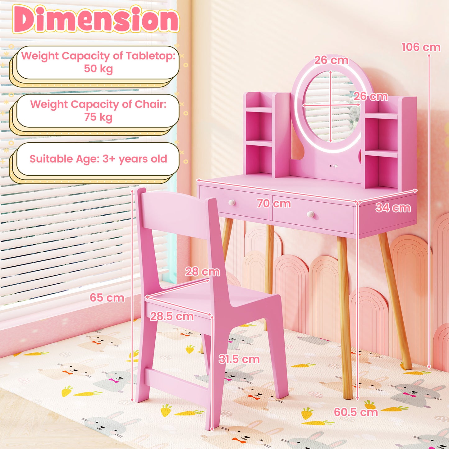 Princess Dressing Table and Chair Set with 2-Color Front Lit Mirror-Pink