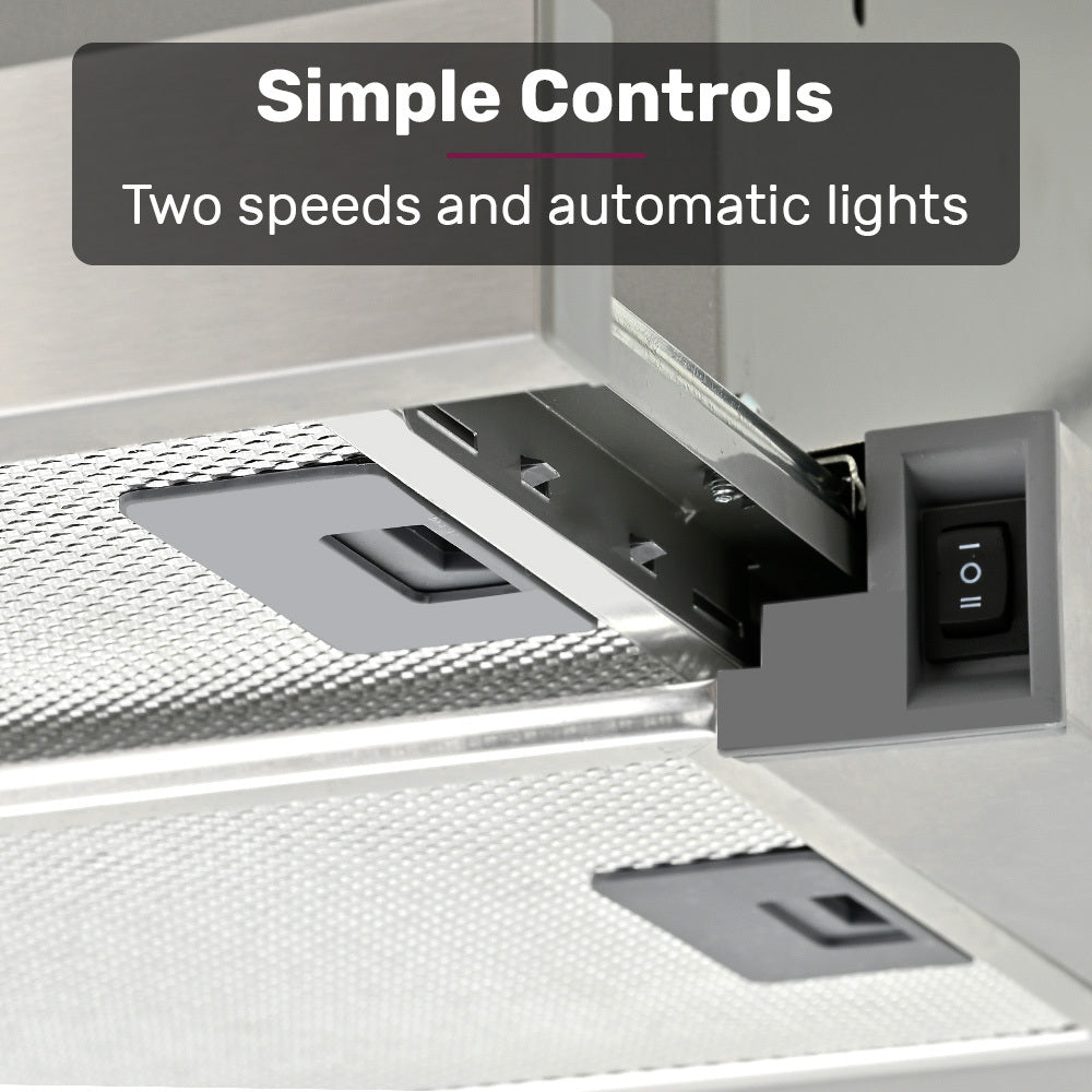 60cm Stainless Steel Slideout Rangehood with Quiet 2-Speed and Halogen Lights