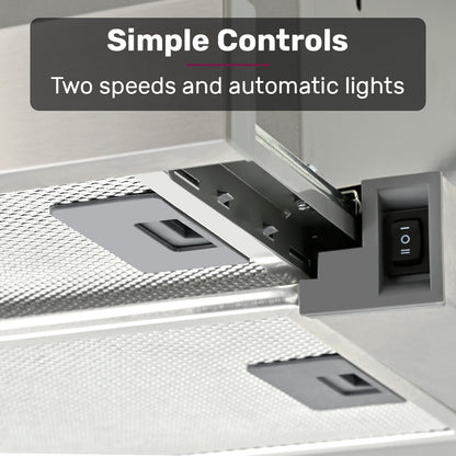 60cm Stainless Steel Slideout Rangehood with Quiet 2-Speed and Halogen Lights