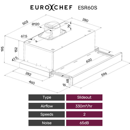 60cm Stainless Steel Slideout Rangehood with Quiet 2-Speed and Halogen Lights
