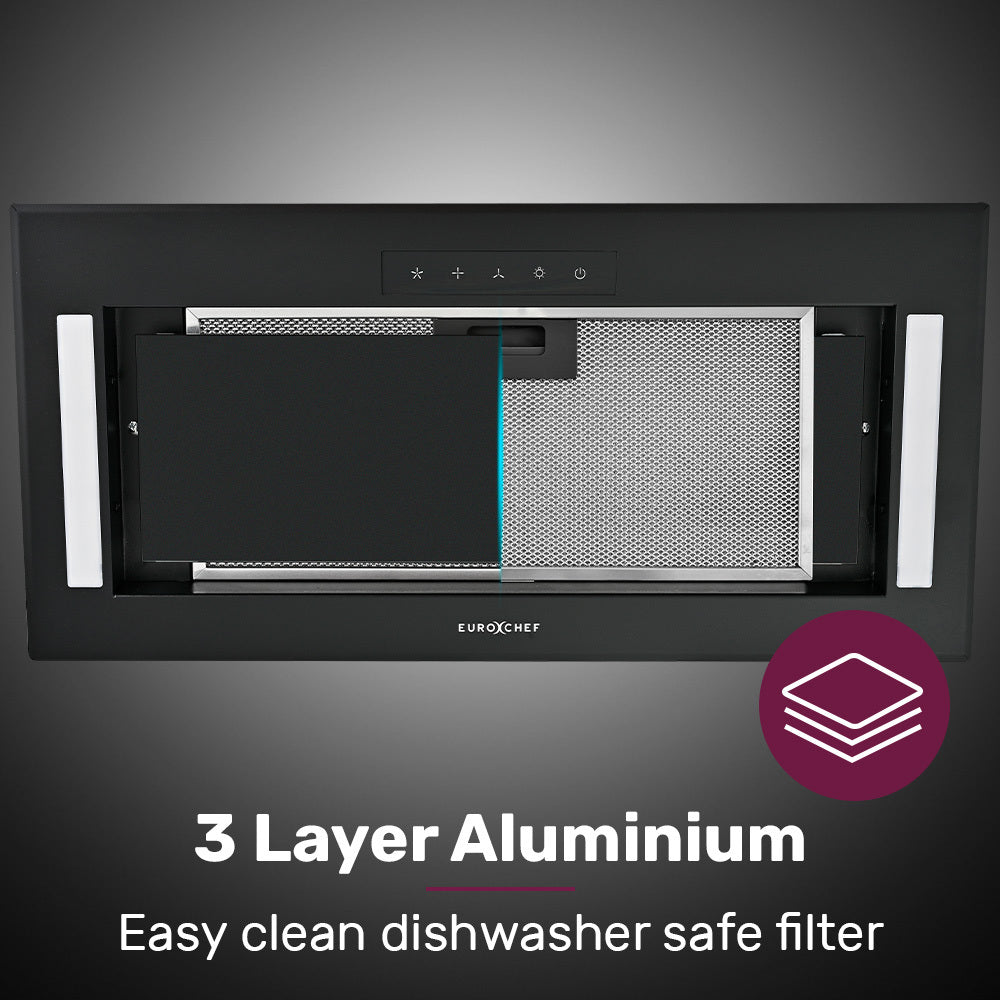 60cm Black Undermount Rangehood, 3-Speed, LED Lights, Quiet Operation