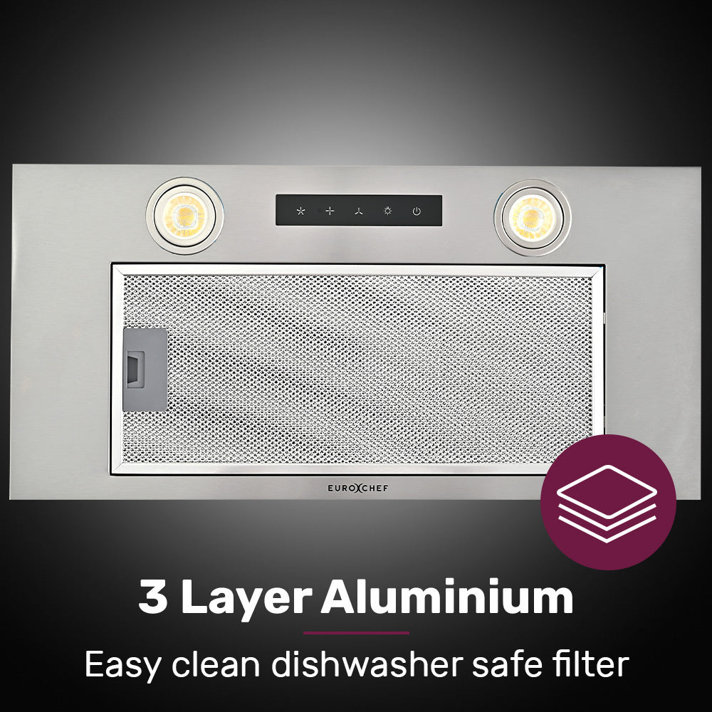 60cm Undermount Rangehood, Quiet 3-Speed, LED, Washable Filter, 500m³/h Capacity