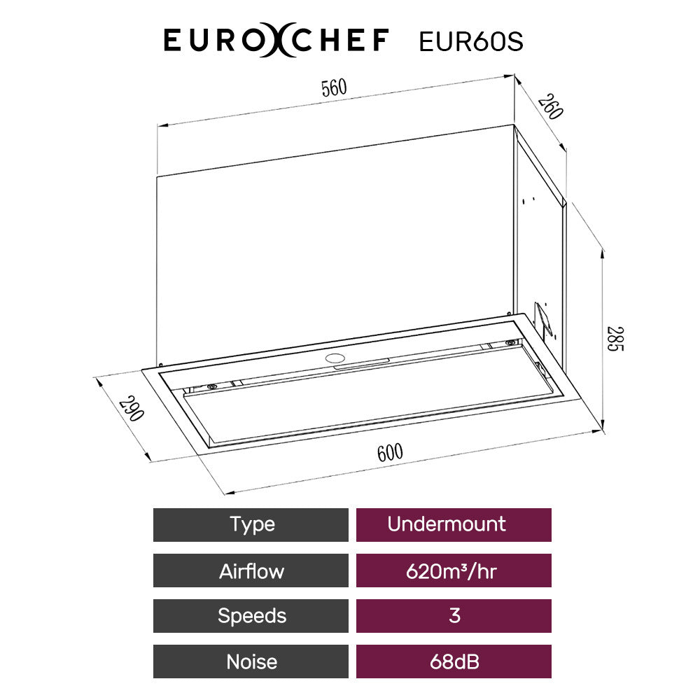 60cm Stainless Steel Undermount Rangehood with Quiet 3-Speed & LED Lighting