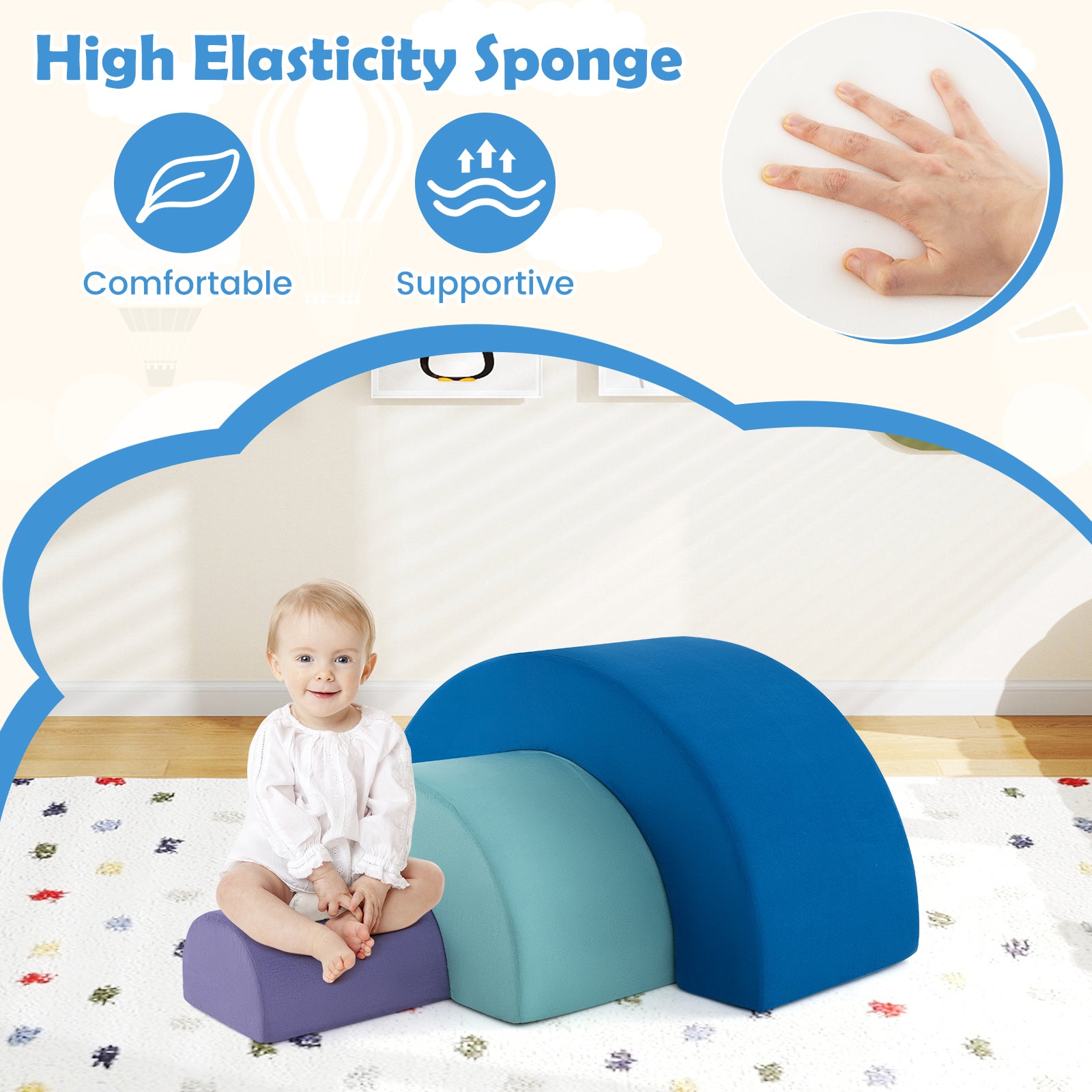 Rainbow Arc Climber Playset Foam Climbing Blocks with Washable Covers-Blue